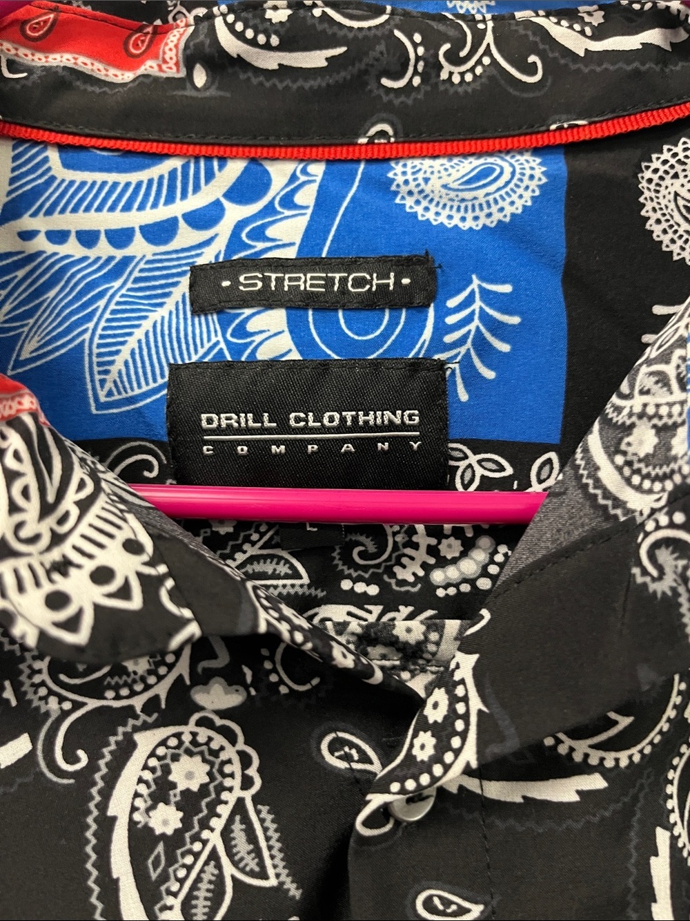 Bandana Patchwork Short Sleeve Button-Down Shirt - Black/Blue/Red. #1068 - Picture 2 of 3